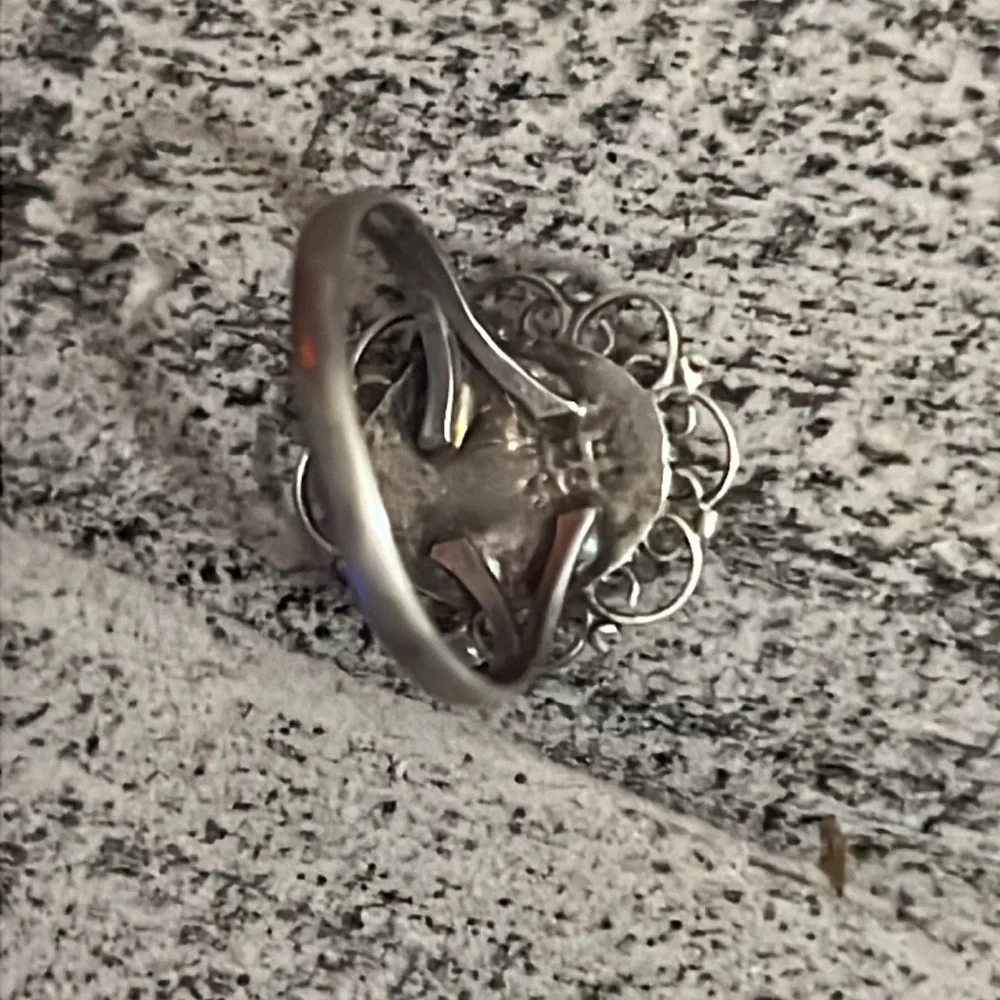Vintage Mexico Sterling Silver 925 Abalone Stone Shell Filagree Oval Ring